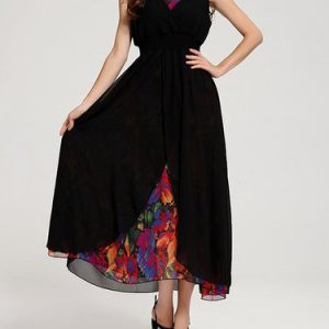 Black Swing Casual V Neck Paneled Print Maxi Dress