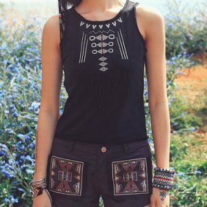 Black Tribal Crew Neck Sleeveless Fringed Tanks And Cami