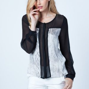 Black Tribal Printed Paneled Crew Neck Blouse