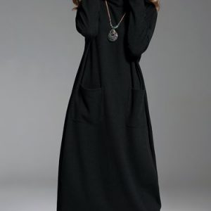 Black Turtleneck Casual Pockets Plain Midi Dress