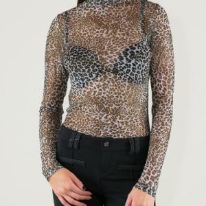 Black Turtleneck Cheetah Printed Sexy Long Sleeved Top