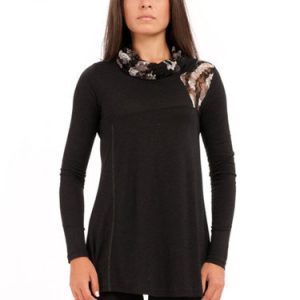 Black Turtleneck Lace Detail Long Sleeved Top