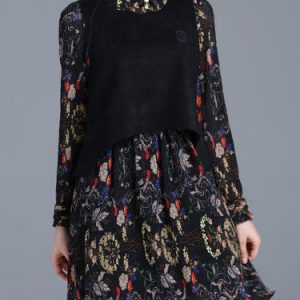 Black Two Piece Floral-print Stand Collar Long Sleeve Midi Dress