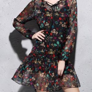 Black Two Piece Long Sleeve Floral Mini Dress