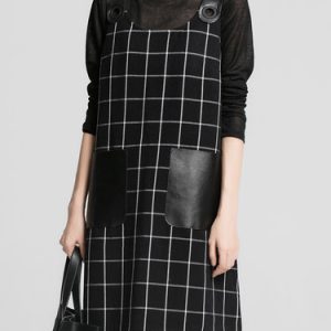 Black Two Piece Long Sleeve Top Spaghetti Checkered/Plaid Casual Midi Dress