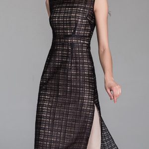 Black Two Piece Mesh Elegant Midi Dress