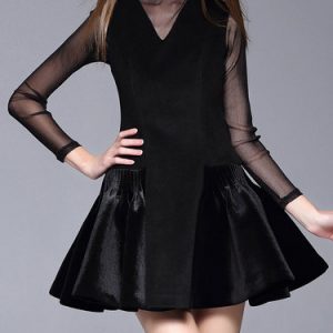 Black V Neck A-line Plain Sleeveless Mini Dress