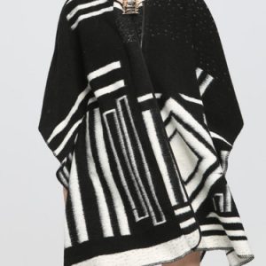 Black V Neck Checkered/Plaid Printed/Dyed Poncho