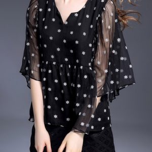 Black V Neck Flounce Frill Sleeve Floral Tunic