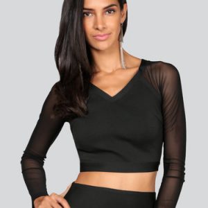 Black V Neck Long Sleeve Bandage Plain Cropped Top