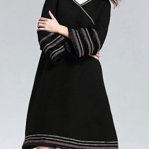 Black V Neck Long Sleeve Paneled Midi Dress