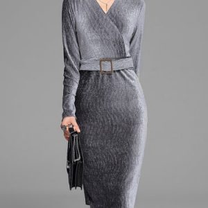 Black Velvet Long Sleeve V Neck Solid Wrap Dress