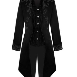 Black Vintage Coat Middle Ages Tuxedo Embroidered Velour Retro Costumes For Man