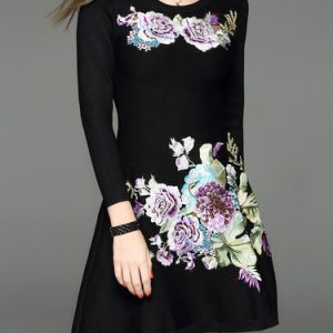 Black Vintage Floral-embroidered Crew Neck Knitted Sweater Dress