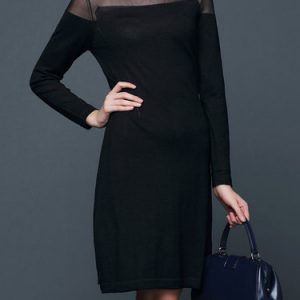 Black Wool Long Sleeve Paneled Solid A-line Midi Dress