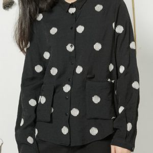 Black Work Shirt Collar Chiffon Polka Dots Blouse