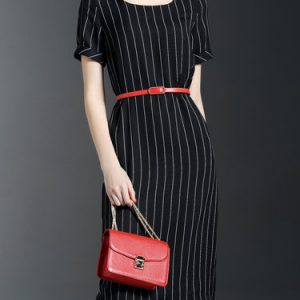 Black Zipper Stripes Short Sleeve Midi Dress