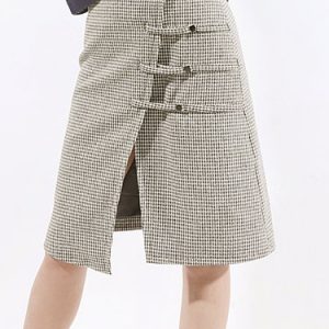 Black-white Asymmetrical Houndstooth Simple Midi Skirt