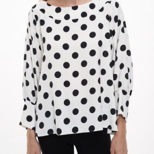 Black-white Bateau/boat Neck Printed Polka Dots Casual Long Sleeved Top