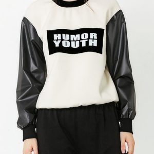 Black-white Casual Crew Neck H-line Printed Sweatshirt