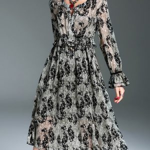 Black-white Floral Frill Sleeve Stand Collar A-line Midi Dress