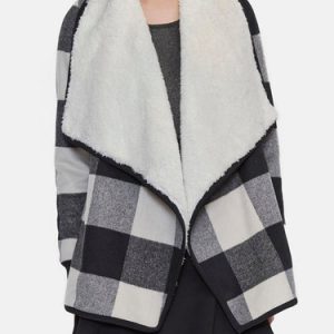 Black-white Nylon Checkered/Plaid H-line Casual Coat