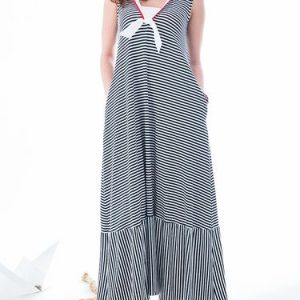 Black-white Sailor Collar Knitted Stripes Casual Maxi Dress