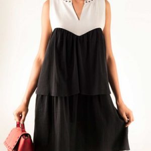 Black-white Stand Collar Color-block Casual Midi Dress