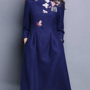 Blue A-line Embroidered Midi Dress with Pockets