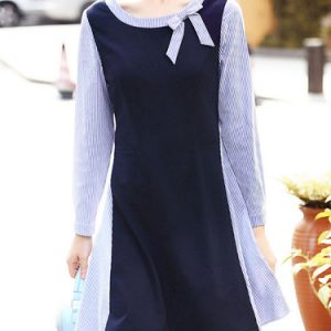 Blue A-line Girly Stripes Bow Color Block Long Sleeve Mini Dress