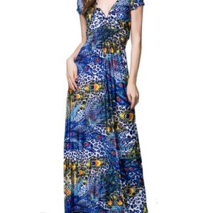 Blue A-line Resort Viscose Plunging Neck Maxi Dress