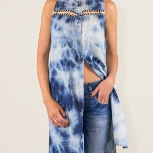 Blue Abstract Printed Cotton Sleeveless H-line Tunic