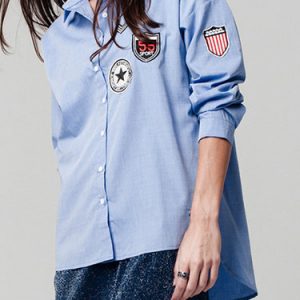 Blue Badges Shirt Collar High Low Blouse