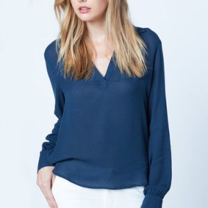 Blue Basic V Neck H-line Solid Long Sleeve Blouse