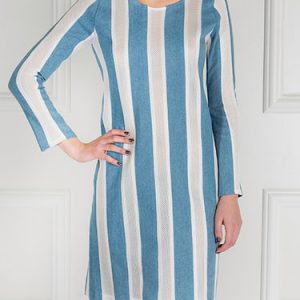 Blue Bateau/boat Neck H-line Cotton-blend Simple Mini Dress