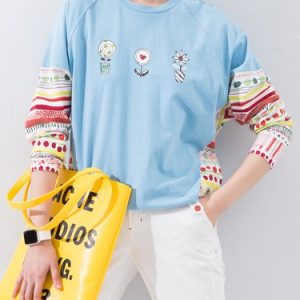 Blue Batwing Cotton Crew Neck Printed Long Sleeved Top