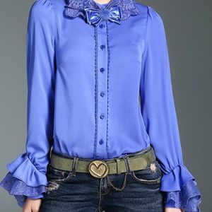 Blue Bow Ruffled Frill Sleeve Silk Blouse