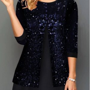 Blue Button Front 3/4 Sleeve Tunic Top Sequin Shirt New Year Eve Shirt Top - S