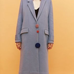 Blue Buttoned Wool Blend Long Sleeve H-line Coat