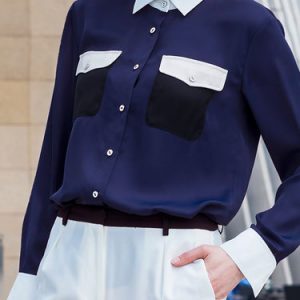 Blue Casual Color-block Polyester Blouse