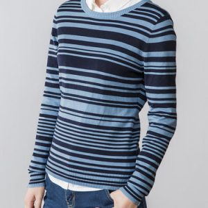 Blue Casual Crew Neck Knitted Stripes Long Sleeved Top