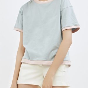 Blue Casual Floral Color-block Short Sleeved Top