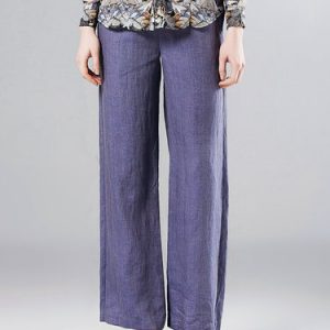 Blue Casual Pockets Linen Solid Straight Leg Pants