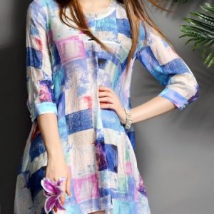 Blue Casual Printed Crew Neck A-line Mini Dress