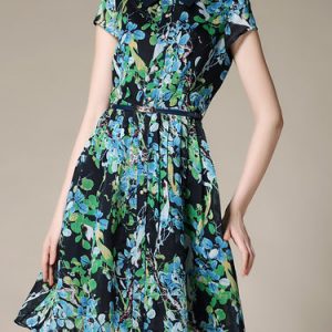 Blue Chiffon Short Sleeve A-line Printed Shirt Dress