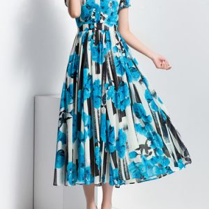 Blue Chiffon Stand Collar Beach A-line Maxi Dress