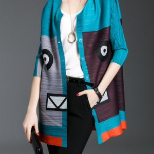 Blue Color Block Pleated Printed 3/4 Sleeve Cocoon Casual Coat