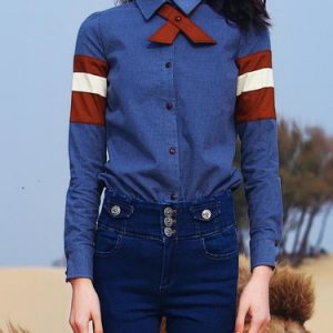 Blue Color-block Shirt Collar Long Sleeve Blouse with Tie