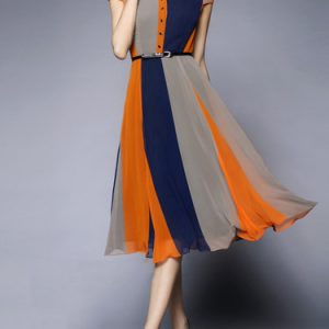 Blue Color-block Short Sleeve A-line Stand Collar Midi Dress