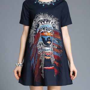 Blue Cotton A-line Short Sleeve Embroidered Mini Dress